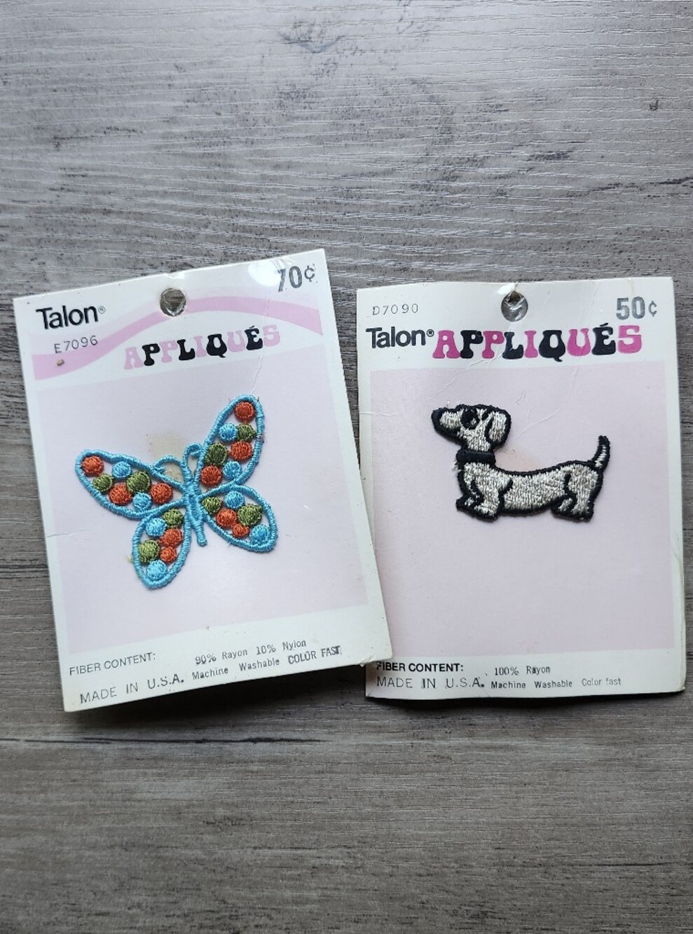 Vintage 1970s Talon Appliques Lot of 2 Dachshund Dog & Butterfly Patches NOS DIY